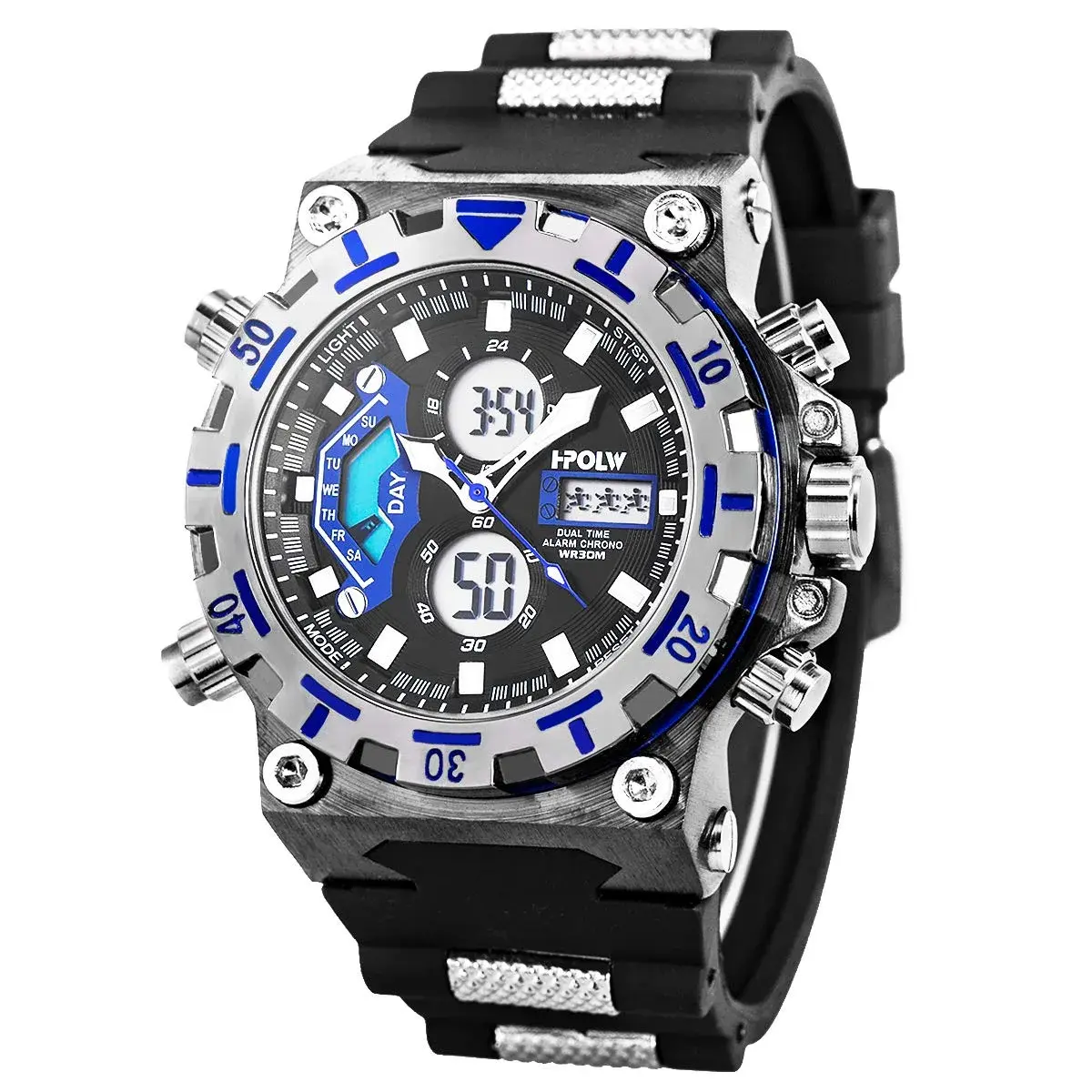 SIBOSUN Sport Digital Watch for Men — 47.5mm Case, Black Silicone Band | Dual Zone, Stopwatch, Alarm - main product image