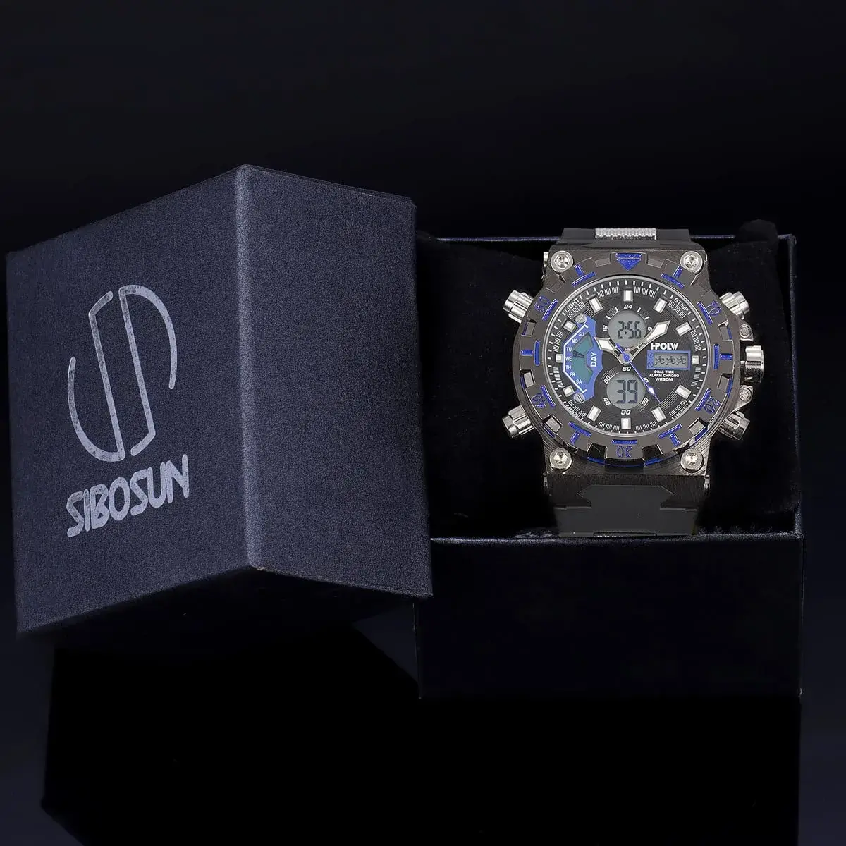SIBOSUN Sport Digital Watch for Men — 47.5mm Case, Black Silicone Band | Dual Zone, Stopwatch, Alarm - view 7