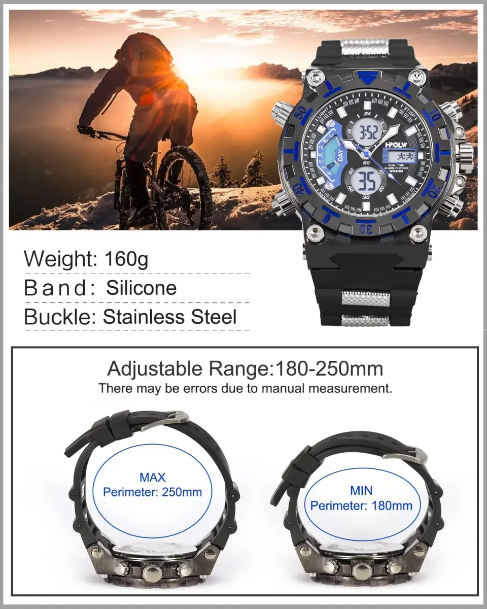 SIBOSUN Sport Digital Watch for Men — 47.5mm Case, Black Silicone Band | Dual Zone, Stopwatch, Alarm - view 3
