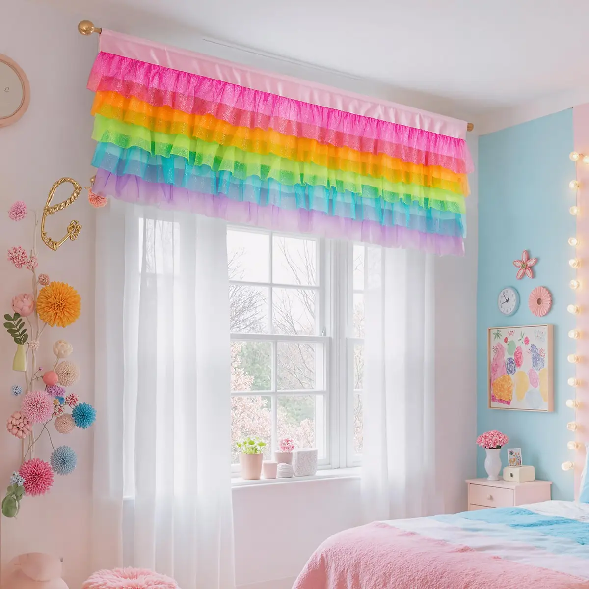 Besutolife Rainbow Valance Curtains for Kids Bedroom 52"W x 16"L | Unicorn & Rainbow Window Decor - view 5