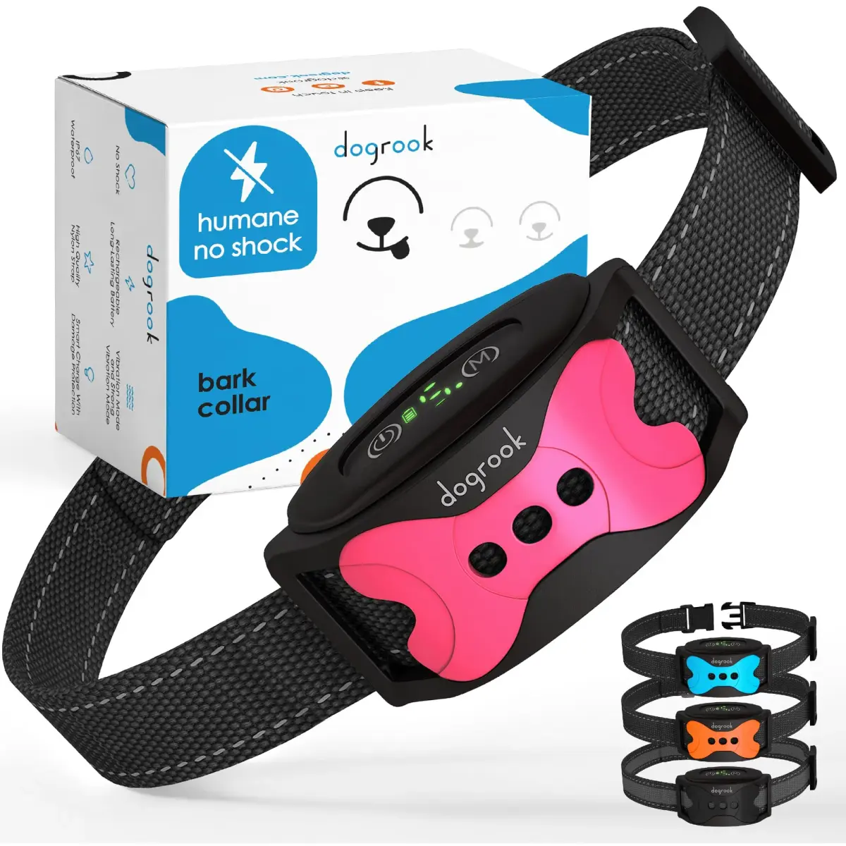 DogRook Humane Rechargeable Bark Collar for Dogs | Beep & Vibration, Waterproof, Pink - main product image