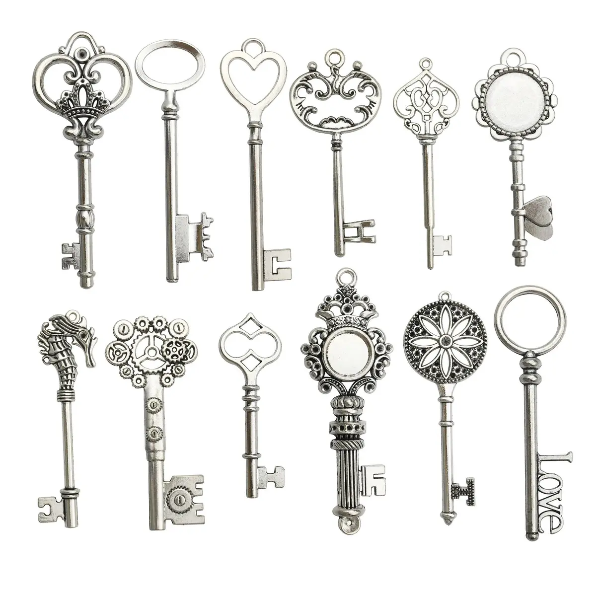 iloveDIYbeads Antique Silver Huge Skeleton Key Charms 55-80mm (12pcs) | Vintage Jewelry Making Pendants - main product image