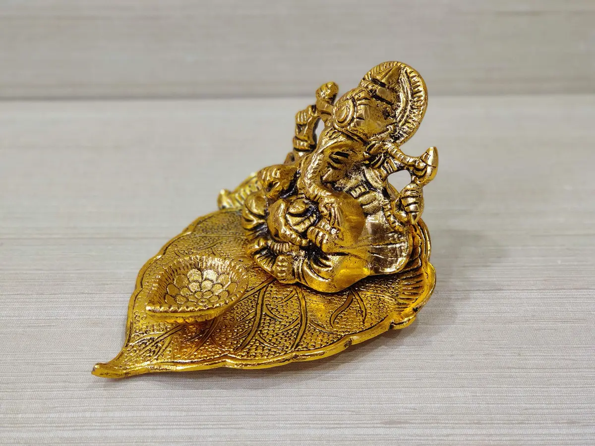 GiftNagri Golden Oxidized Antique Metal Patta Ganesha with Deepak & Batti Stand | 10cm (4in) x 13cm (5in) x 6cm (2.5in) - view 3