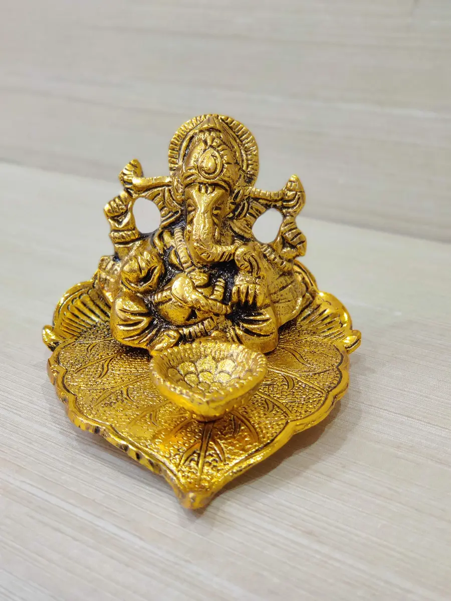GiftNagri Golden Oxidized Antique Metal Patta Ganesha with Deepak & Batti Stand | 10cm (4in) x 13cm (5in) x 6cm (2.5in) - view 4