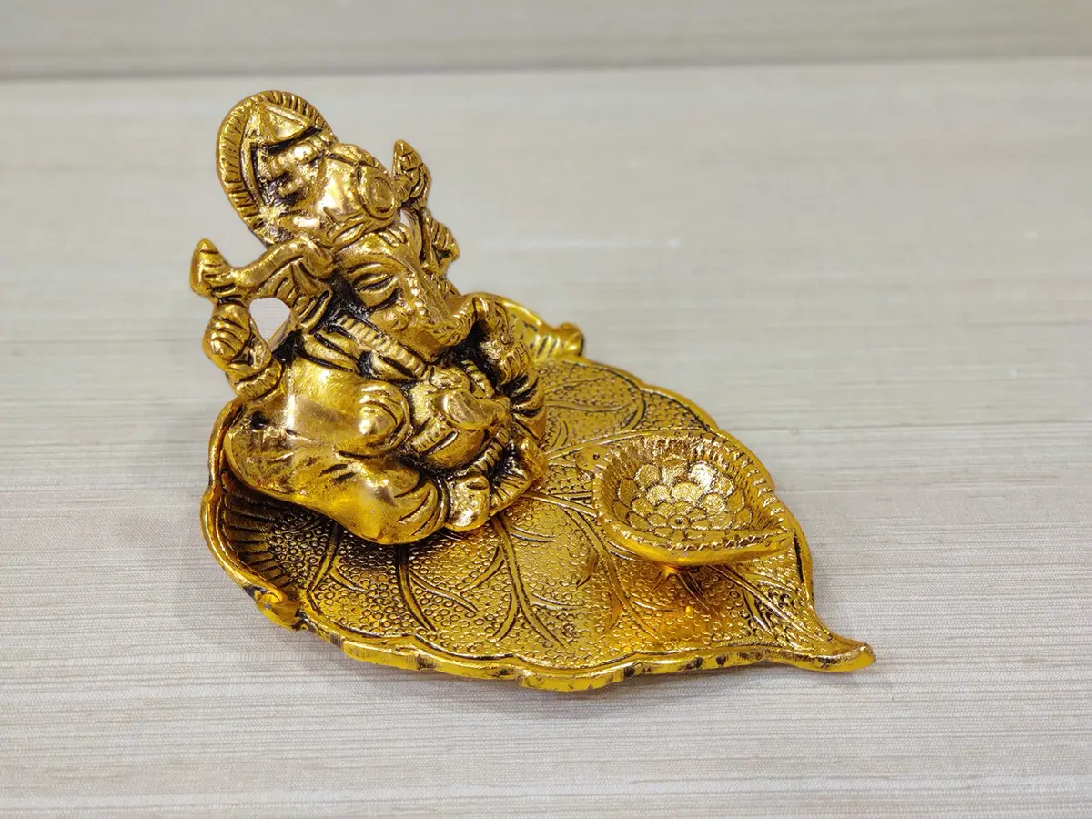 GiftNagri Golden Oxidized Antique Metal Patta Ganesha with Deepak & Batti Stand | 10cm (4in) x 13cm (5in) x 6cm (2.5in) - view 5