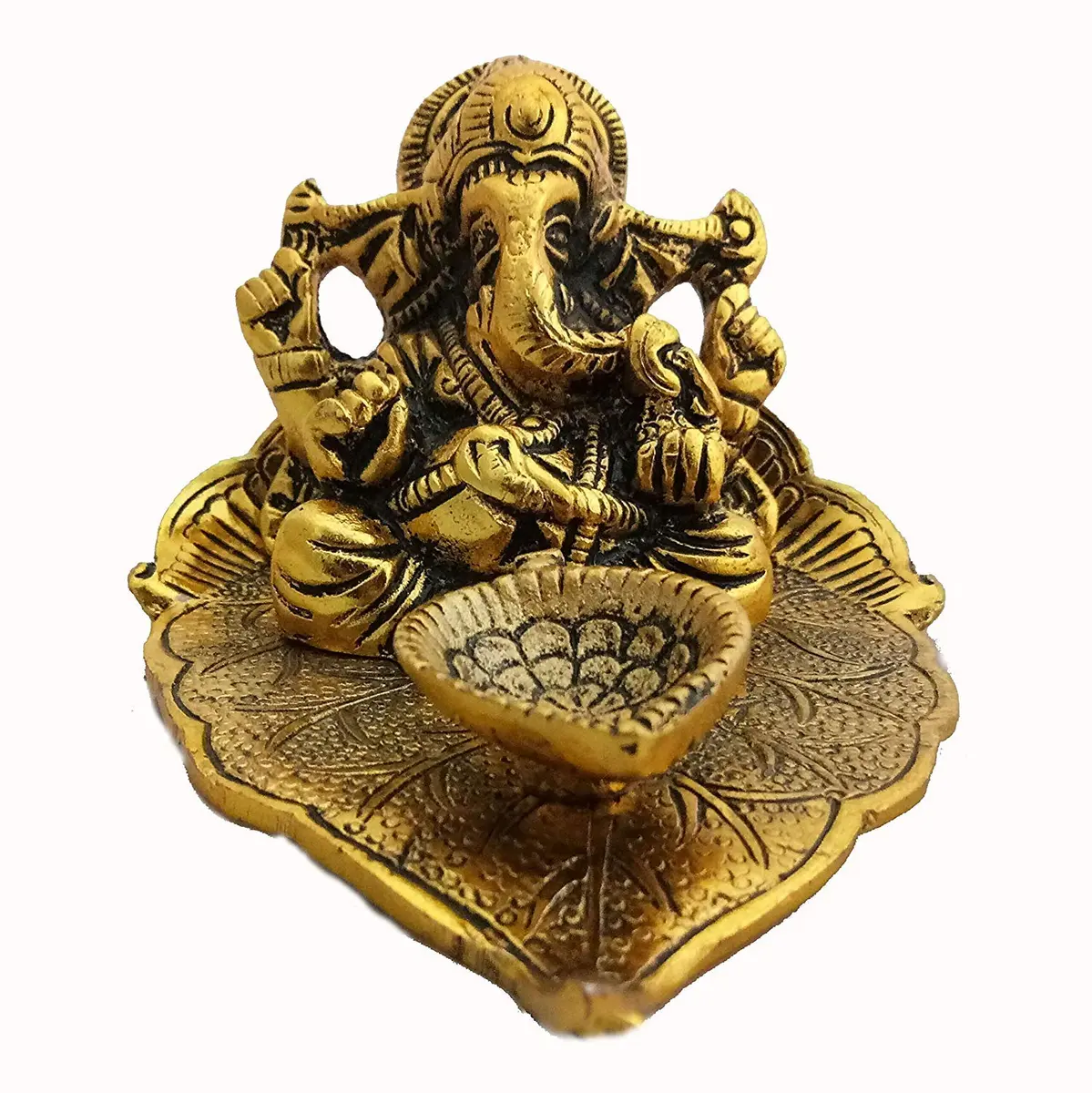 GiftNagri Golden Oxidized Antique Metal Patta Ganesha with Deepak & Batti Stand | 10cm (4in) x 13cm (5in) x 6cm (2.5in) - view 2