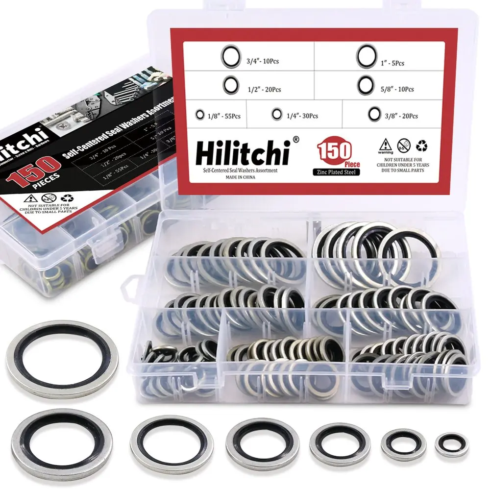 Hilitchi Bonded Seal Washer 7 Sizes | Automotive Self-Centered Oil Gasket Kit (150 pcs, Zinc Steel & Rubber) - view 3