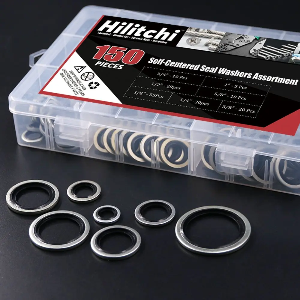 Hilitchi Bonded Seal Washer 7 Sizes | Automotive Self-Centered Oil Gasket Kit (150 pcs, Zinc Steel & Rubber) - view 4