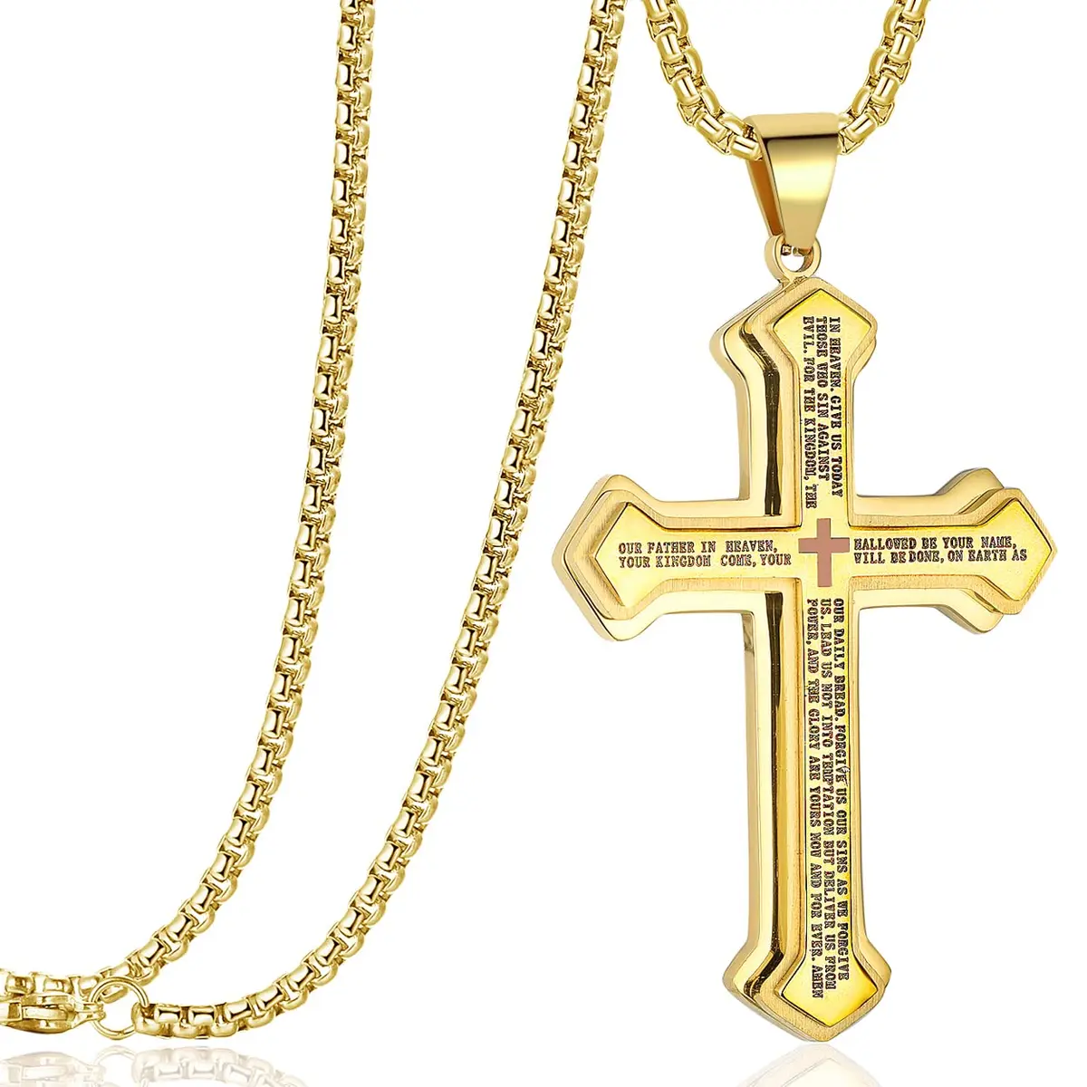 Rehoboth Men's Stainless Steel Nail Lord's Prayer Cross Pendant Necklace 24 Inch | Large Cross & Strong Chain - main product image