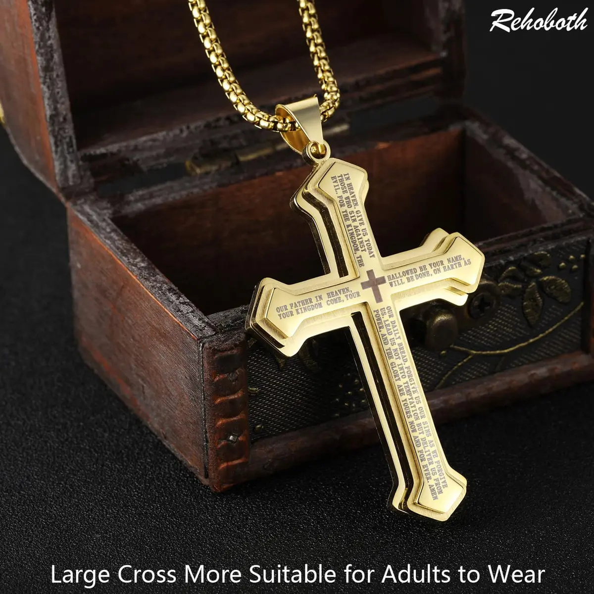 Rehoboth Men's Stainless Steel Nail Lord's Prayer Cross Pendant Necklace 24 Inch | Large Cross & Strong Chain - view 2