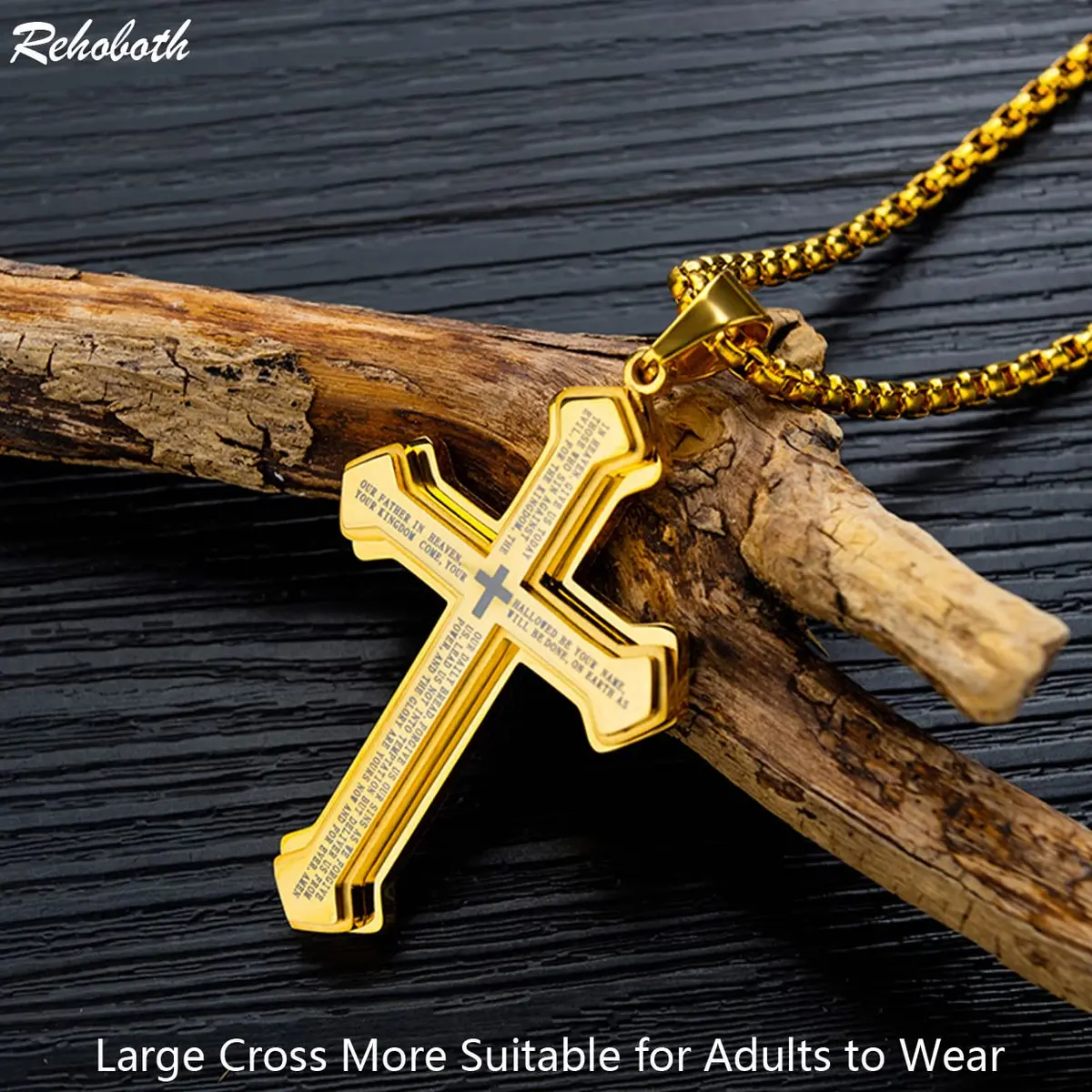Rehoboth Men's Stainless Steel Nail Lord's Prayer Cross Pendant Necklace 24 Inch | Large Cross & Strong Chain - view 3