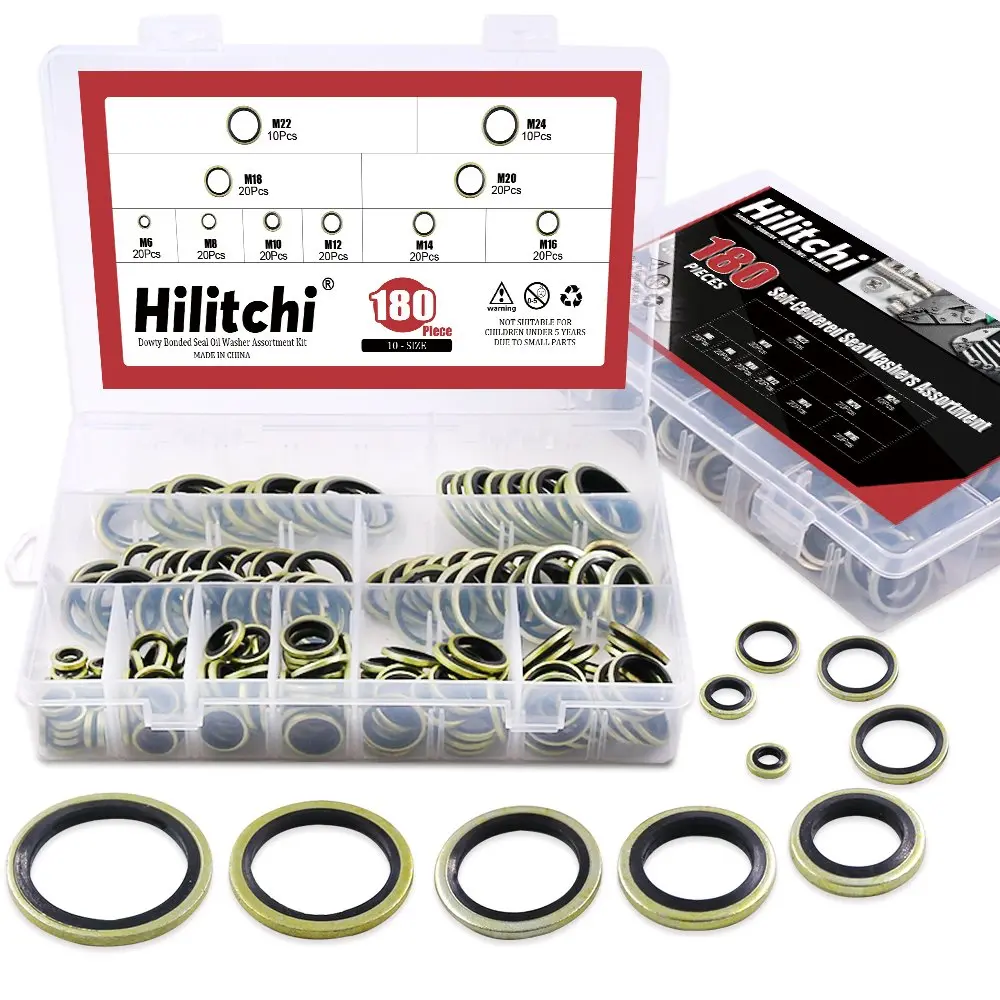 Hilitchi 180-Pcs Metric Dowty Bonded Seal Oil Washer Assortment Kit | 10 Sizes M6 to M24, Zinc Plated Steel & Rubber, Assorted in Storage Case - main product image