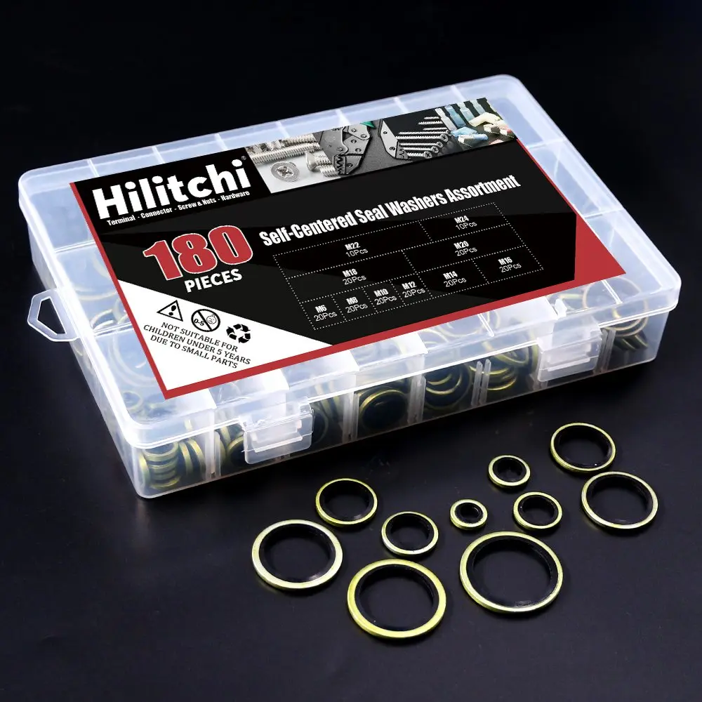 Hilitchi 180-Pcs Metric Dowty Bonded Seal Oil Washer Assortment Kit | 10 Sizes M6 to M24, Zinc Plated Steel & Rubber, Assorted in Storage Case - view 4