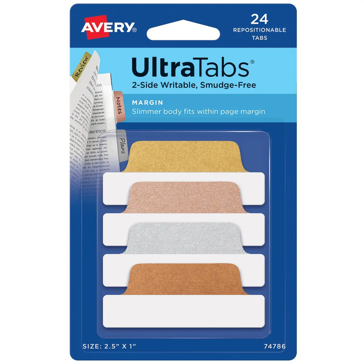 Avery Margin Ultra Tabs, 2.5" x 1" | Metallic Repositionable Page Flags (70-120 chars) - main product image