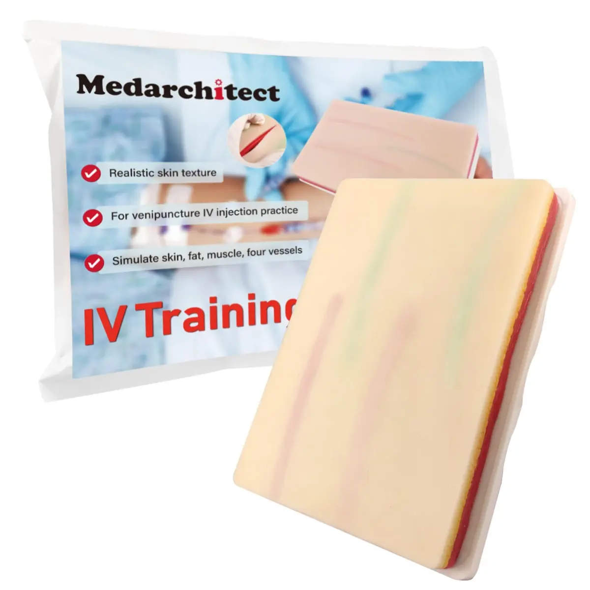 Medarchitect Venipuncture IV Injection Training Pad Model with 4 Veins Imbedded and 3 Skin Layers for Medical Students Doctors Nurses Practice | Realistic & Portable - main product image