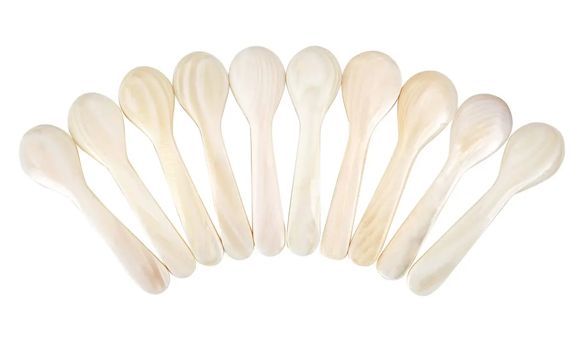 DUEBEL Set of 10 White Mother of Pearl Caviar Spoons for Caviar, Egg, Icecream, Coffee Serving (White, 9x2.4cm) | Natural Pearl Elegance - main product image