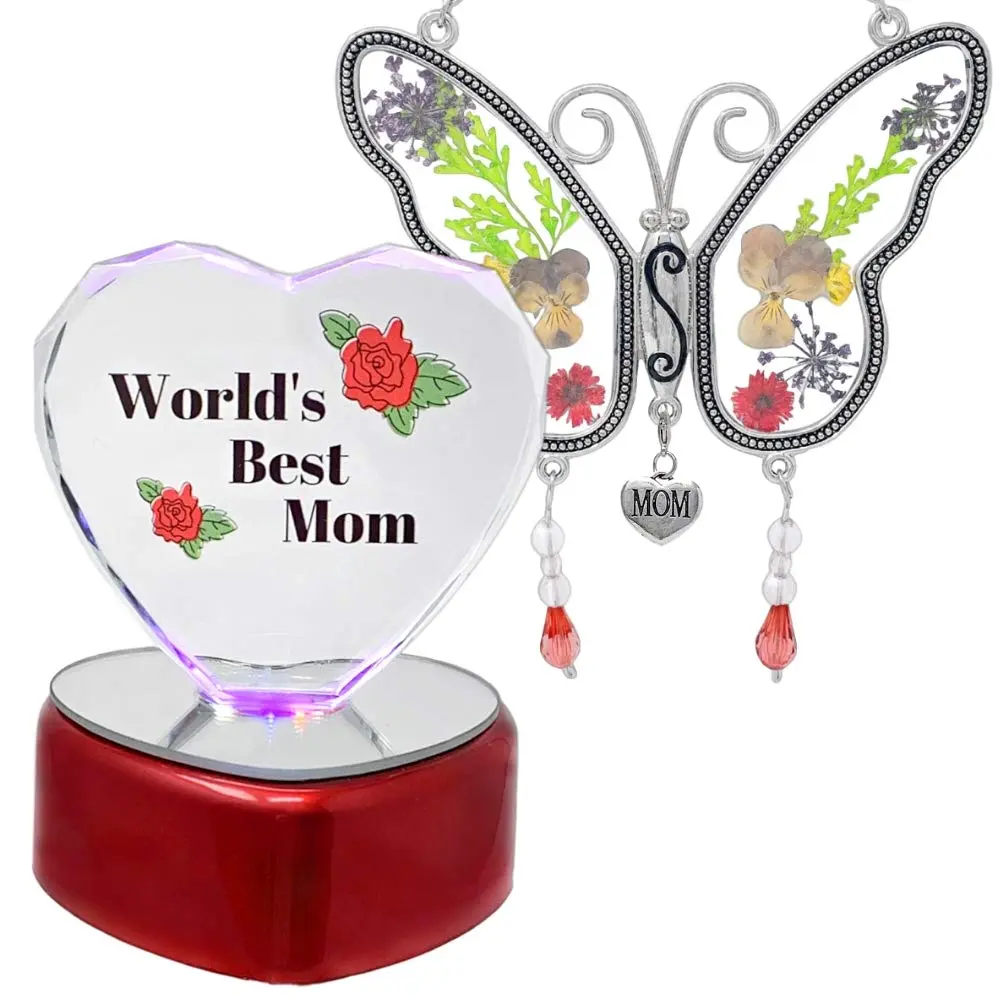 BANBERRY DESIGNS Mother Gift Set – Mom Butterfly Suncatcher with Pressed Flowers + LED Heart, 4" x 3" | Window Hanging & Table Decor - main product image
