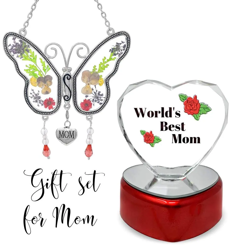 BANBERRY DESIGNS Mother Gift Set – Mom Butterfly Suncatcher with Pressed Flowers + LED Heart, 4" x 3" | Window Hanging & Table Decor - view 6