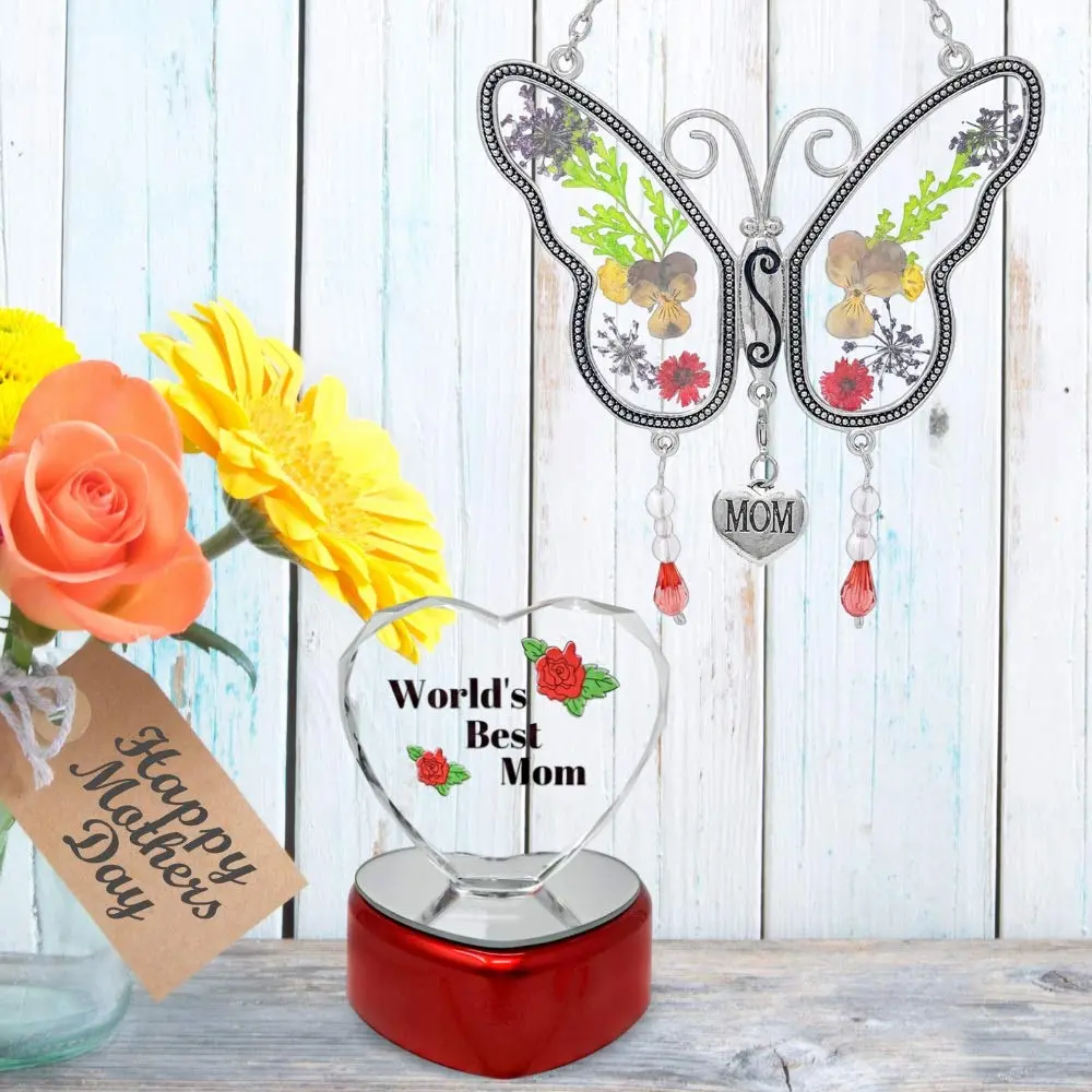BANBERRY DESIGNS Mother Gift Set – Mom Butterfly Suncatcher with Pressed Flowers + LED Heart, 4" x 3" | Window Hanging & Table Decor - view 7