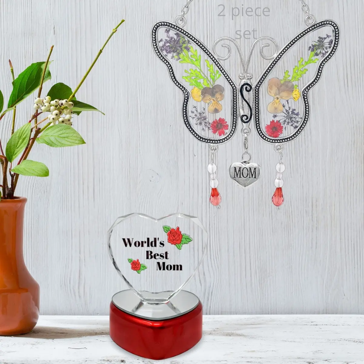 BANBERRY DESIGNS Mother Gift Set – Mom Butterfly Suncatcher with Pressed Flowers + LED Heart, 4" x 3" | Window Hanging & Table Decor - view 2