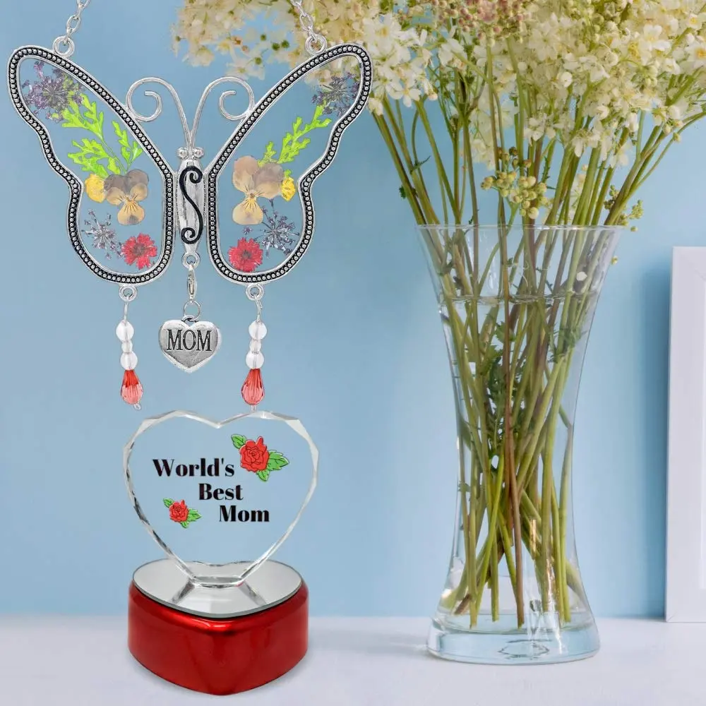 BANBERRY DESIGNS Mother Gift Set – Mom Butterfly Suncatcher with Pressed Flowers + LED Heart, 4" x 3" | Window Hanging & Table Decor - view 4