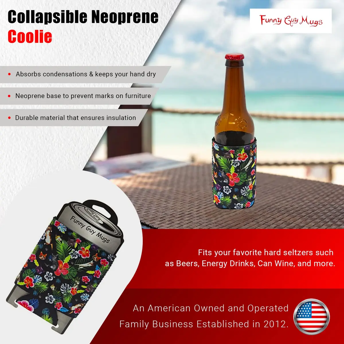 Funny Guy Mugs Hawaiian Cat Collapsible Neoprene Can Coolie | Premium Insulation & Collapsible Design - view 2