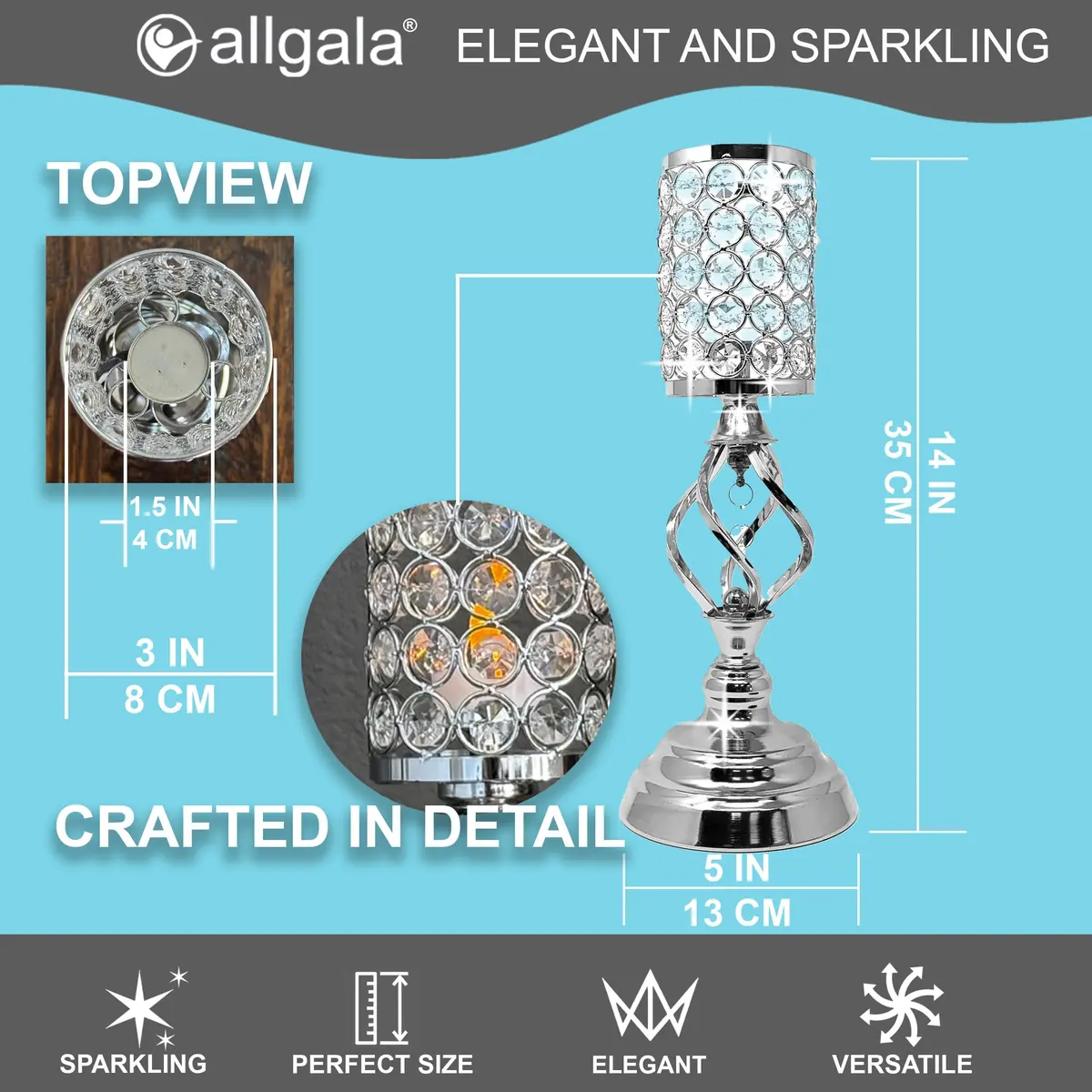 allgala 14" Crystal Cylinder Tealight Candle Holder-Silver | Elegant Decor for Special Occasions - view 2
