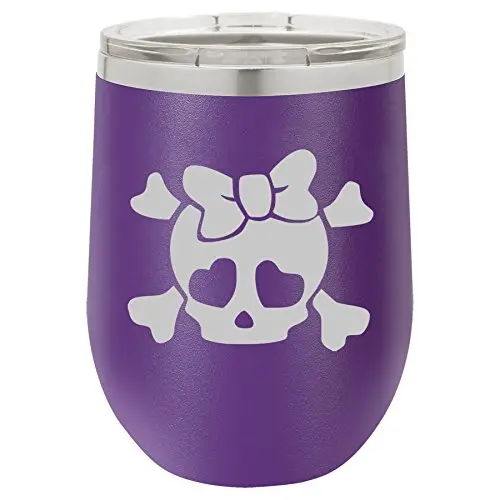 MIP 12 oz Stainless Steel Stemless Wine Tumbler Vacuum Insulated | Travel Mug with Lid & Heart Skull Bow (Purple) - view 2