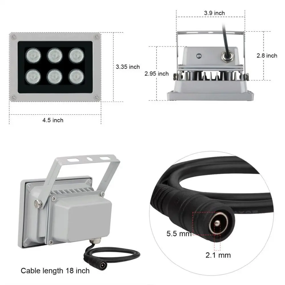 EVERSECU Infrared Illuminator 850nm 6 LEDs 130ft 60 Degree Wide Angle | Waterproof IP65 Metal Case - view 2
