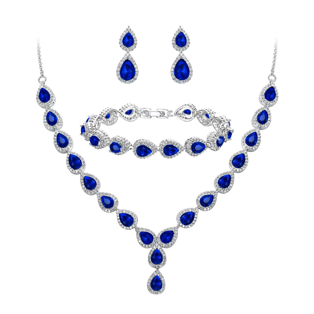 BriLove Wedding CZ Necklace Bracelet Earrings Jewelry for Women Sapphire | Elegant Bridal Jewelry Set - main product image
