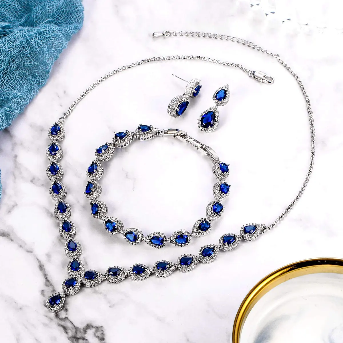BriLove Wedding CZ Necklace Bracelet Earrings Jewelry for Women Sapphire | Elegant Bridal Jewelry Set - view 5