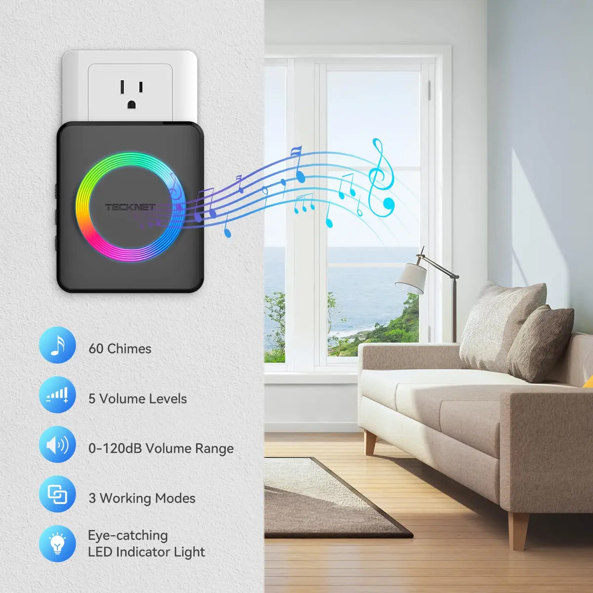 TECKNET WA878 Wireless Doorbell Kit 300m Range | Easy Setup Plug-in Chime with LED Flash - view 2