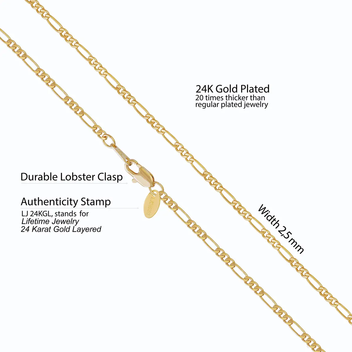 LIFETIME JEWELRY 2.5mm Figaro Chain Necklace 22 Inch | 20X Real Gold Plated Bronze - view 4