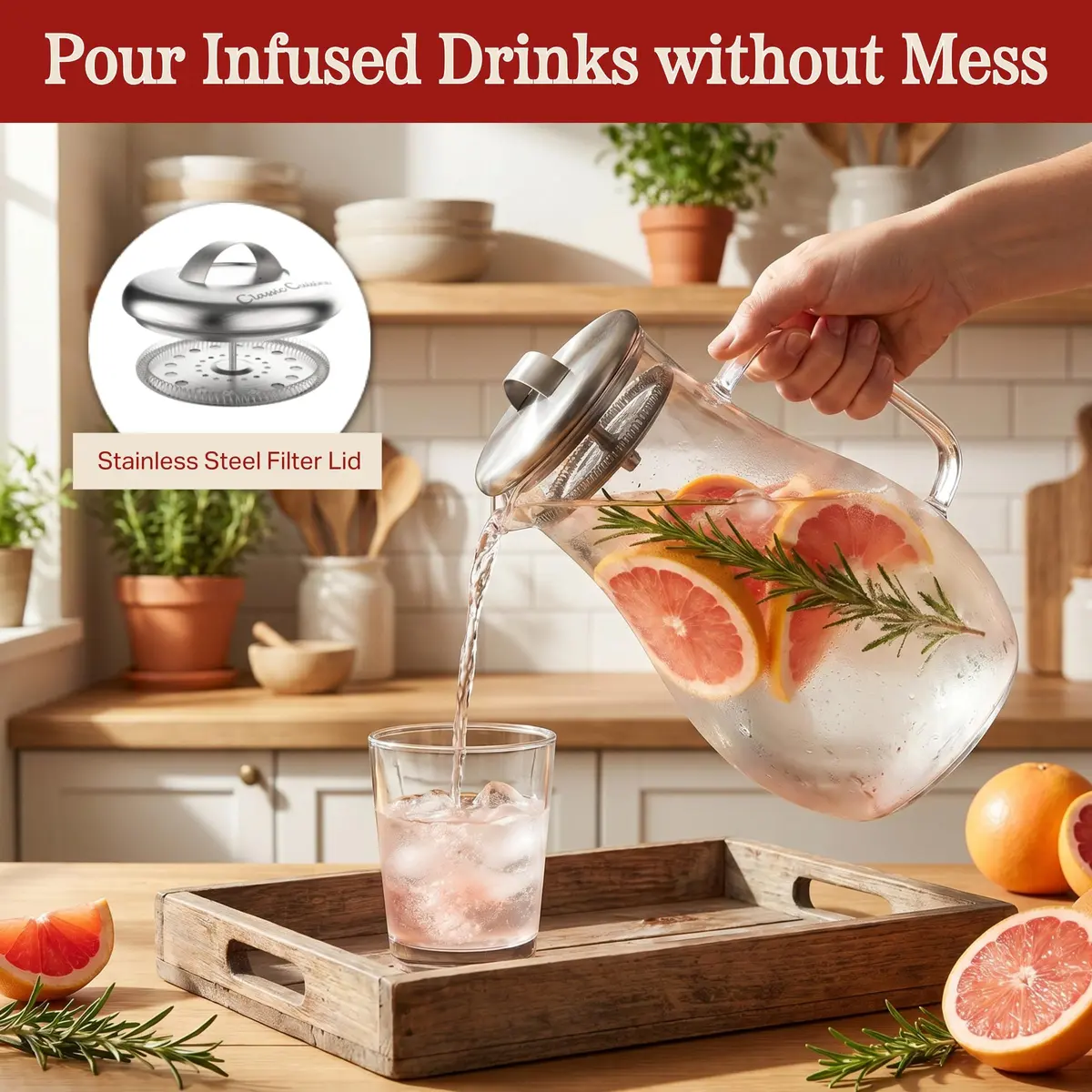 Classic Cuisine Glass Pitcher 1.89 L (64 oz) with Stainless Steel Filter Lid | Heat Resistant Borosilicate Glass Carafe - view 5