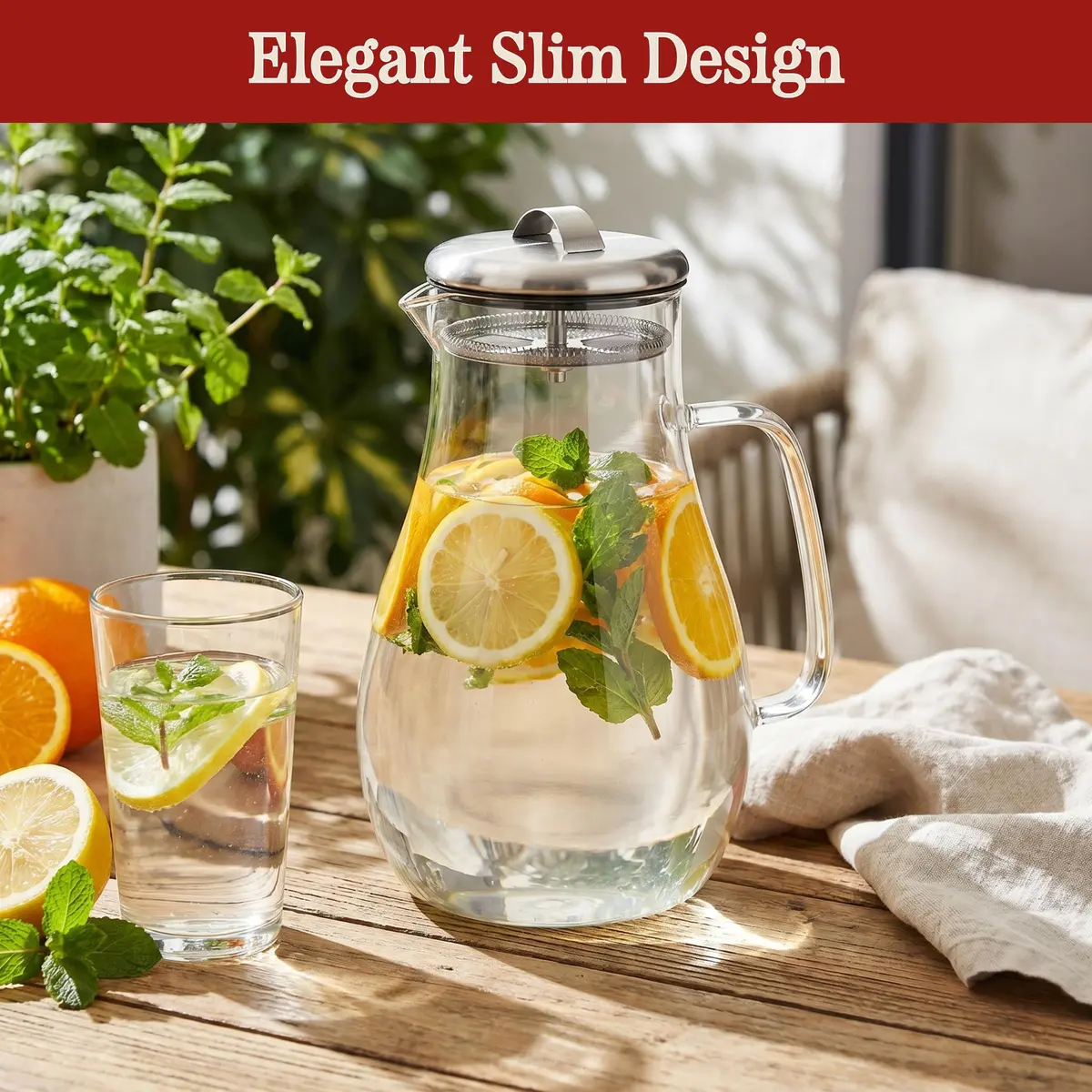 Classic Cuisine Glass Pitcher 1.89 L (64 oz) with Stainless Steel Filter Lid | Heat Resistant Borosilicate Glass Carafe - view 6