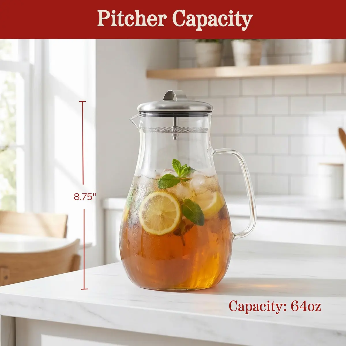Classic Cuisine Glass Pitcher 1.89 L (64 oz) with Stainless Steel Filter Lid | Heat Resistant Borosilicate Glass Carafe - view 2