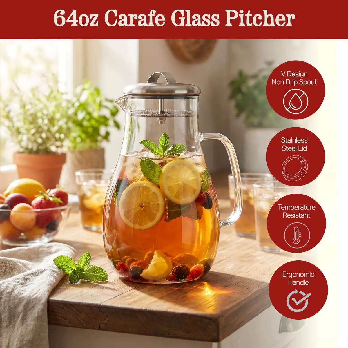 Classic Cuisine Glass Pitcher 1.89 L (64 oz) with Stainless Steel Filter Lid | Heat Resistant Borosilicate Glass Carafe - view 3