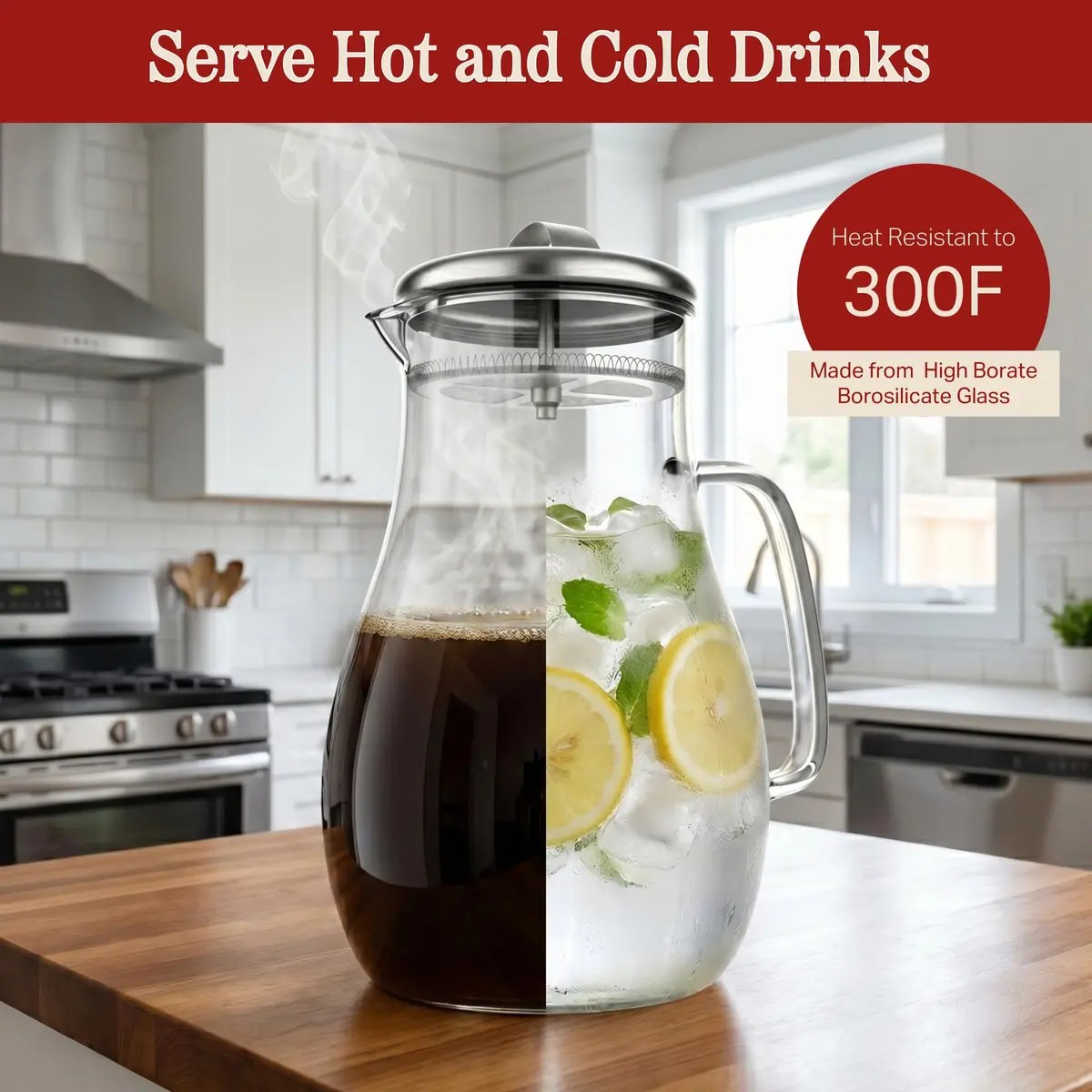 Classic Cuisine Glass Pitcher 1.89 L (64 oz) with Stainless Steel Filter Lid | Heat Resistant Borosilicate Glass Carafe - view 4