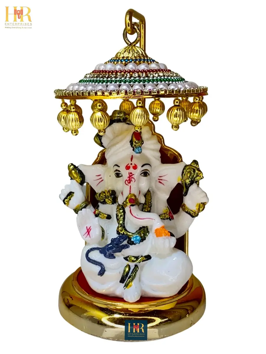 TEJ GIFTS Diamond Studded Umbrella Chhatra with Golden Hangings for God Idol, Car Dashboard/Office Desk/Table/Home Decor Showpiece, Chatri Aasan for Murti, Ideal Gift Item - No.3 | 12 cm (4.72 in) Height - view 6
