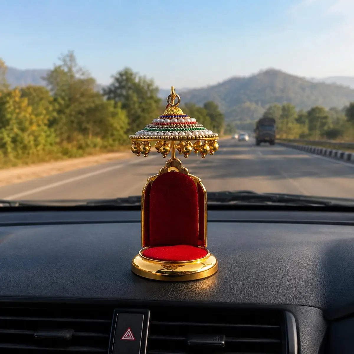 TEJ GIFTS Diamond Studded Umbrella Chhatra with Golden Hangings for God Idol, Car Dashboard/Office Desk/Table/Home Decor Showpiece, Chatri Aasan for Murti, Ideal Gift Item - No.3 | 12 cm (4.72 in) Height - view 2