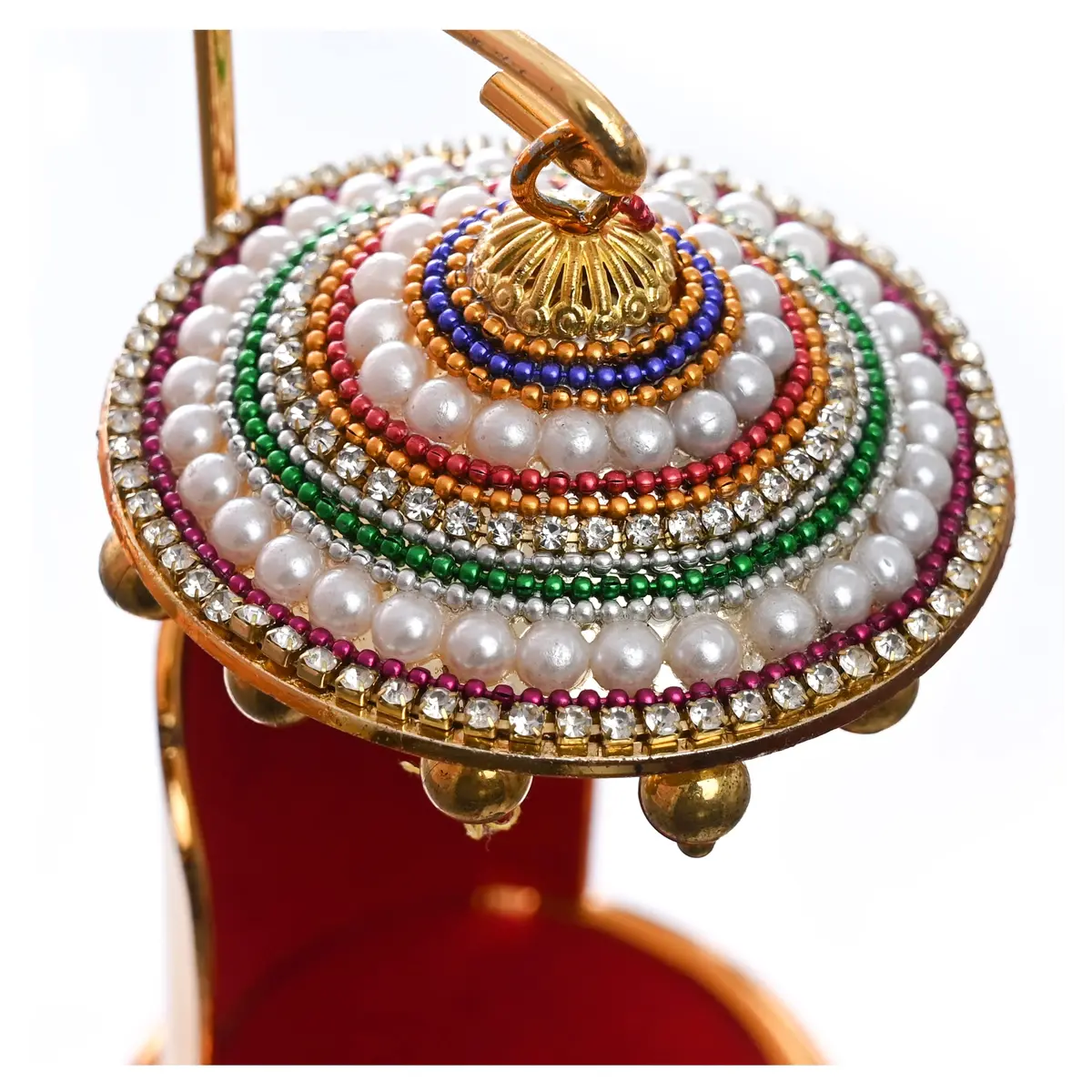 TEJ GIFTS Diamond Studded Umbrella Chhatra with Golden Hangings for God Idol, Car Dashboard/Office Desk/Table/Home Decor Showpiece, Chatri Aasan for Murti, Ideal Gift Item - No.3 | 12 cm (4.72 in) Height - view 4