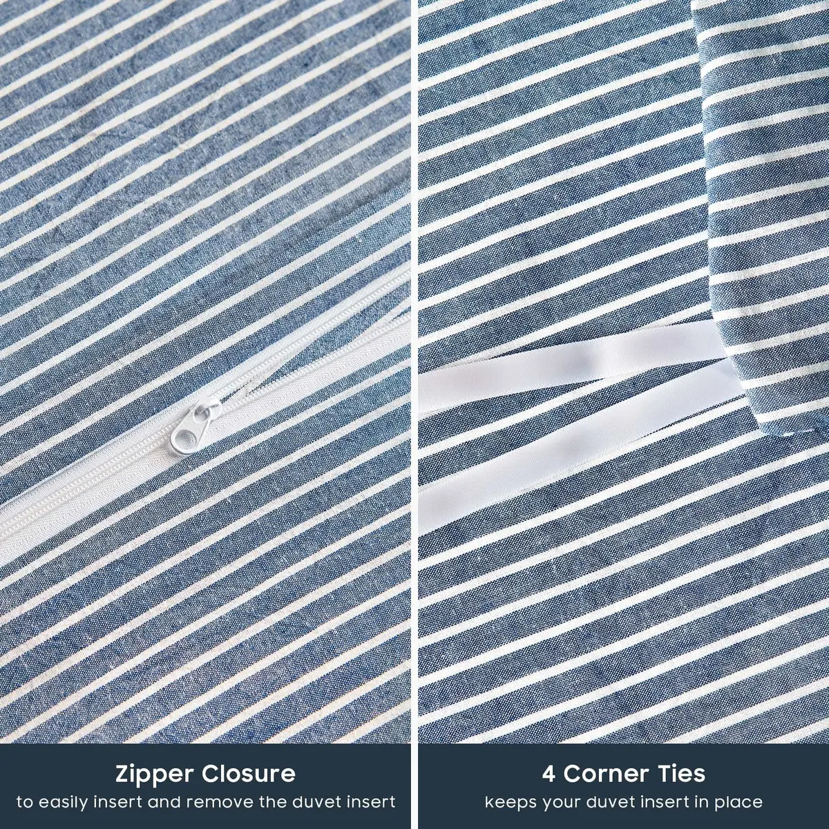 Wake In Cloud Striped Cotton Duvet Cover Set, Denim Blue, King | Classic Farmhouse Style with Corner Ties & Zipper Closure - view 7