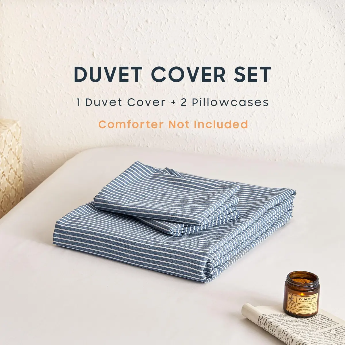 Wake In Cloud Striped Cotton Duvet Cover Set, Denim Blue, King | Classic Farmhouse Style with Corner Ties & Zipper Closure - view 2
