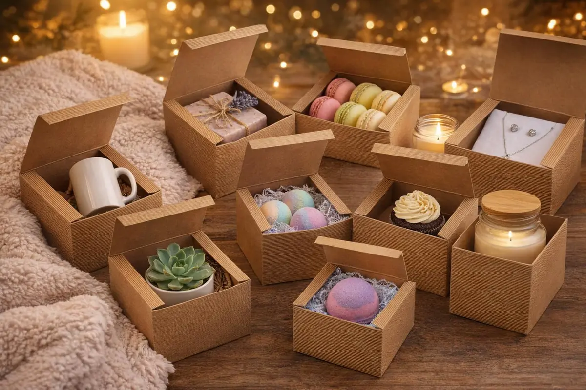 Awe Package Pinstripe Kraft Gift Box 5x5x5" | Food Safe, Easy Assembly, 24 Pack - view 5