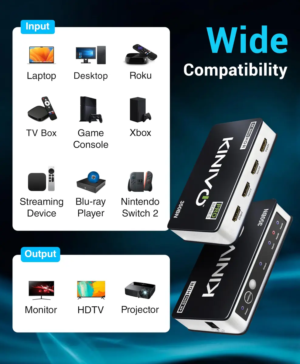 Kinivo HDMI Switch 3 in 1 Out 4K 60Hz | Supports HDR, HDCP 2.2 & Dolby Vision (70-120c) - view 7