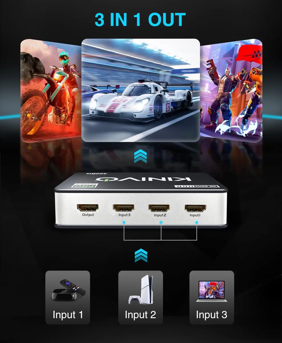 Kinivo HDMI Switch 3 in 1 Out 4K 60Hz | Supports HDR, HDCP 2.2 & Dolby Vision (70-120c) - view 3