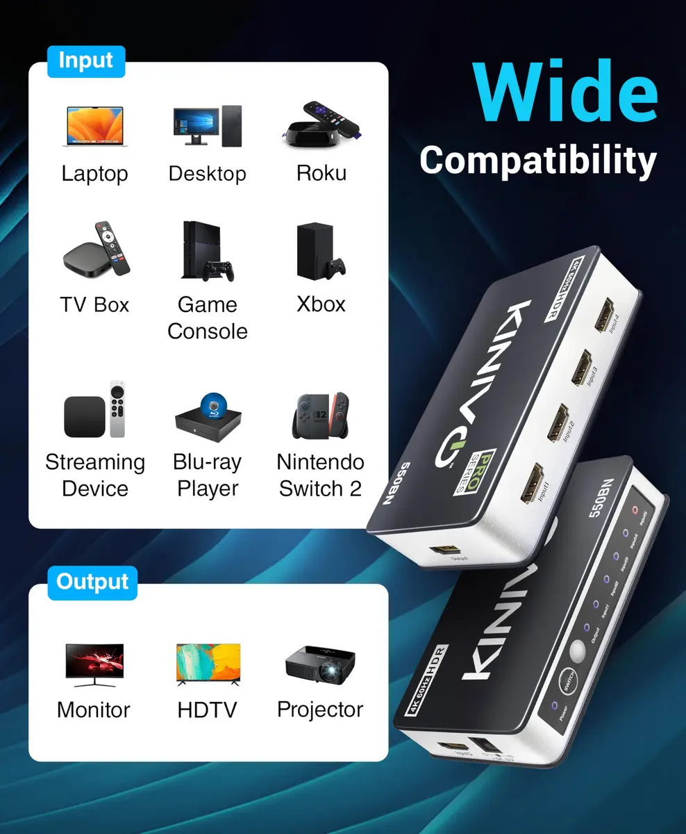 Kinivo HDMI Switch 5 in 1 Out 4K 60Hz | Supports HDR, Dolby Vision, VRR, IR Remote - view 8