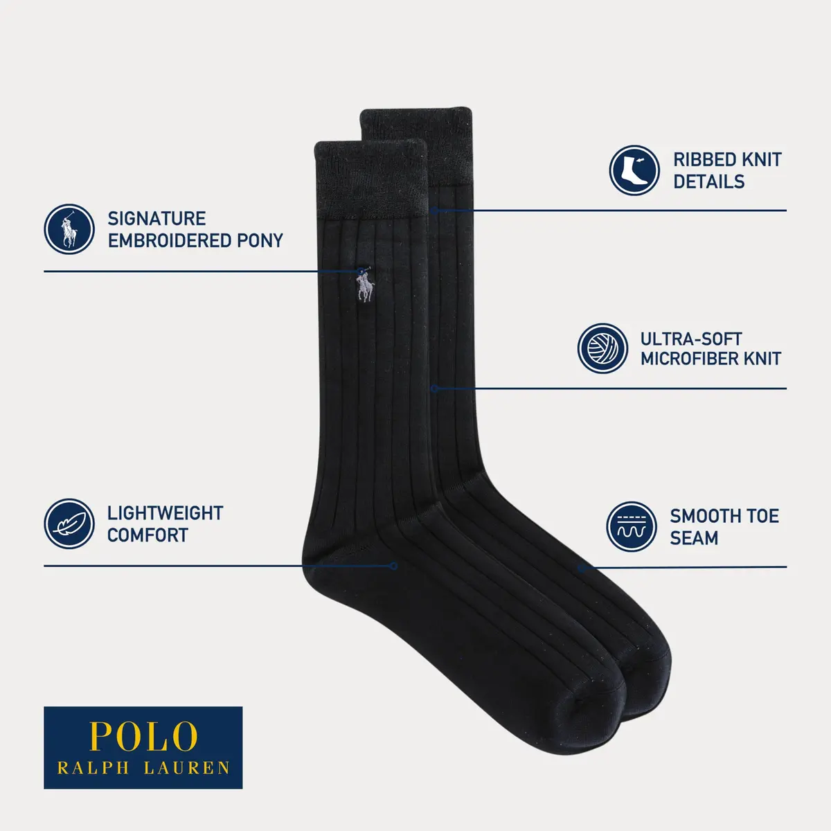 POLO RALPH LAUREN Men's Super Soft Ribbed Dress Crew Socks, 3 Pairs | Ultrasoft Polyester Blend, Reinforced Heel & Toe, Odor-Resistant, Crew Length, Black - view 2