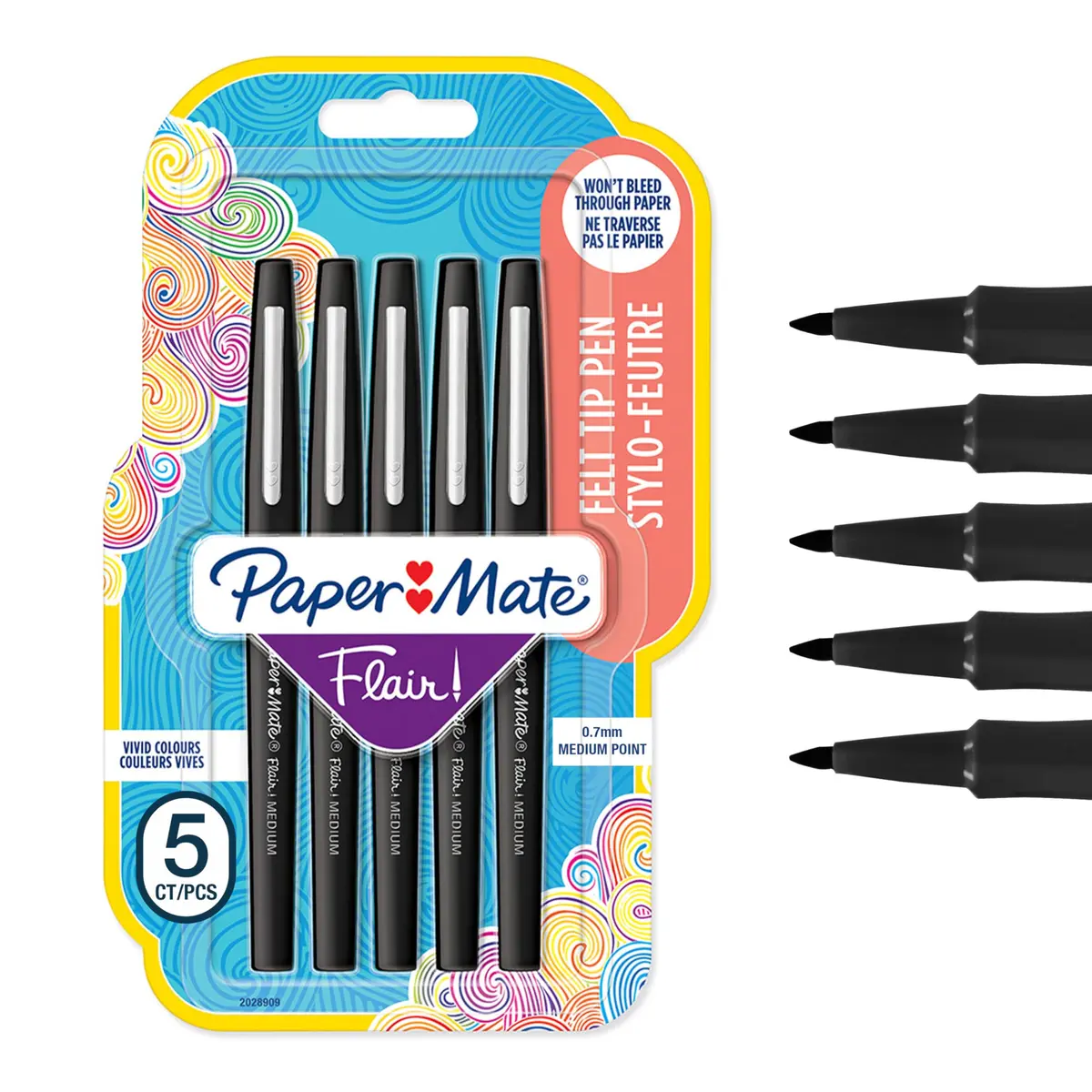 Paper Mate Flair Felt Tip Pens | Medium Point (0.7 mm) Writing Pens | Black Pens | For Writing, Drawing & Sketching | 5 Count - main product image