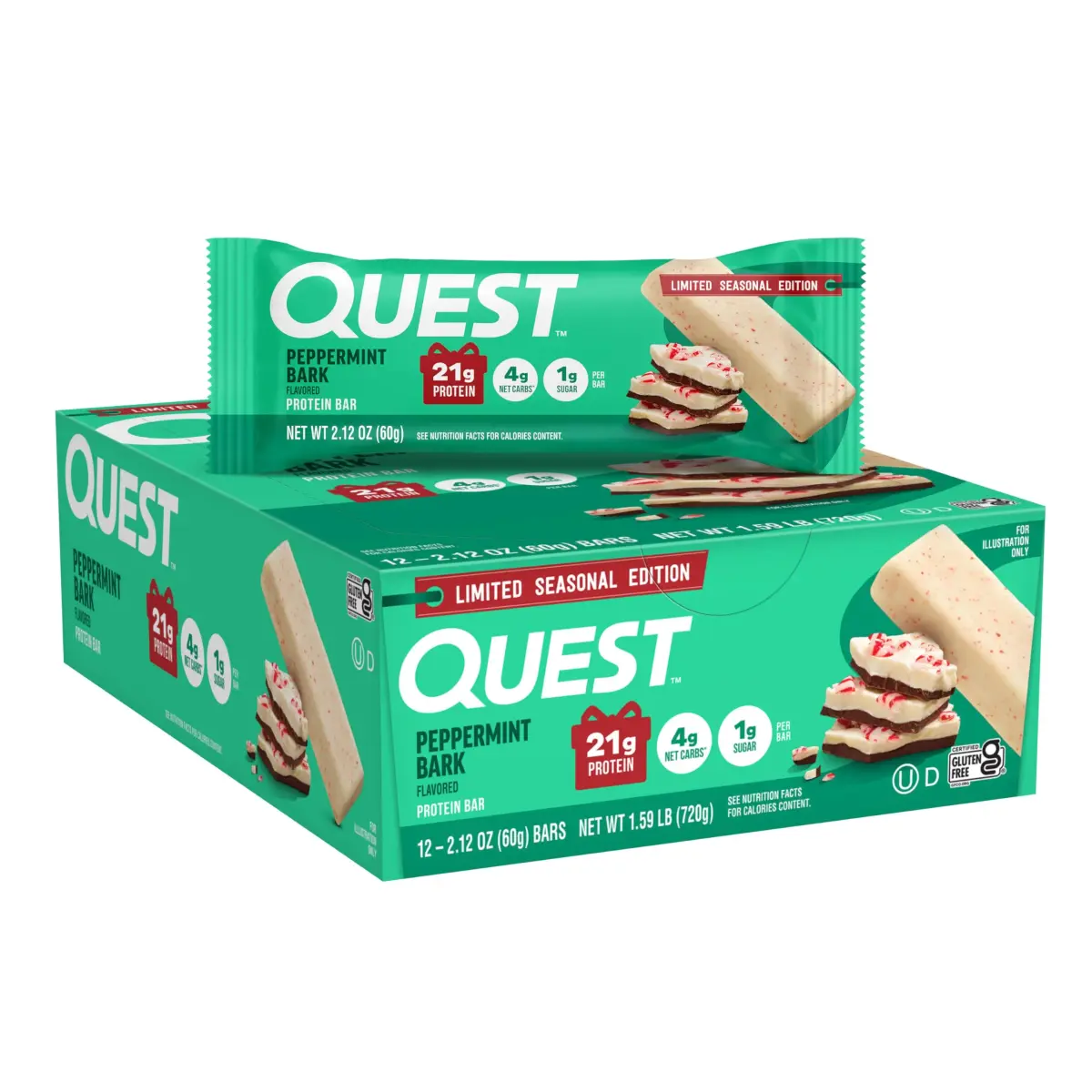 Quest Nutrition Peppermint Bark Protein Bar 12 Count | 21g Protein, 1g Sugar, 4g Net Carbs - main product image